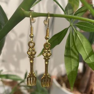 Dinner in the Forest- gold coloured fork earrings